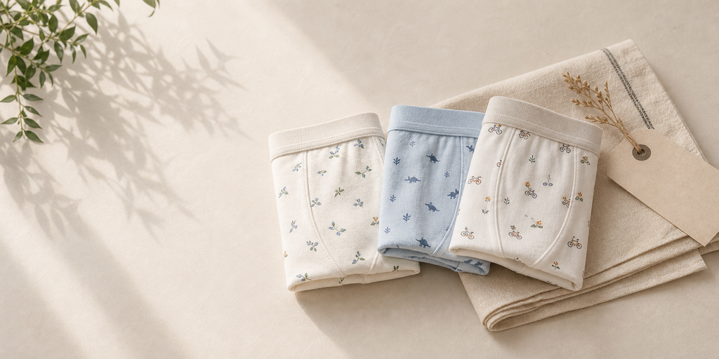 Folded Mellis kids modal cotton boxer briefs styled on a warm ivory tabletop with soft Korean lifestyle props