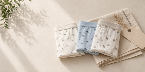 Folded Mellis kids modal cotton boxer briefs styled on a warm ivory tabletop with soft Korean lifestyle props