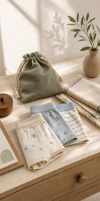 Folded kids modal cotton boxer briefs on a dresser with warm natural light and Yoitzi-style packaging props