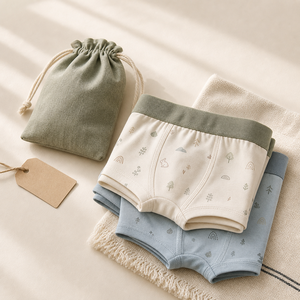 Stacked kids modal cotton boxer briefs with a sage pouch and soft fabric layers