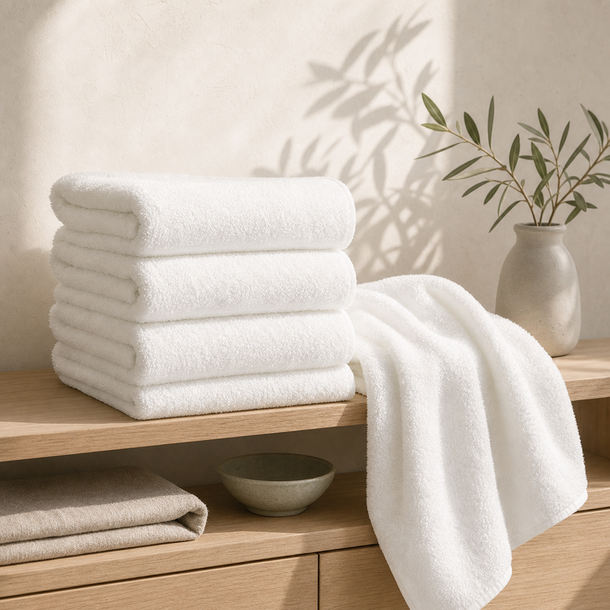Five white towels arranged on a light oak bathroom shelf with an olive branch