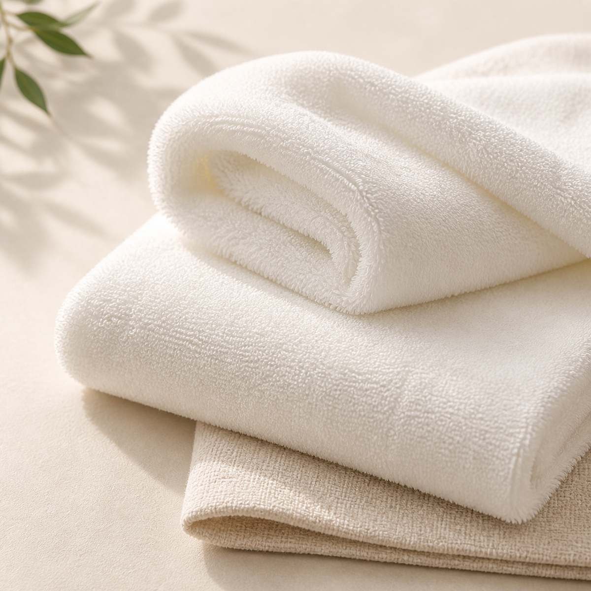 Close view of the dense soft terry texture and folded edges of the white towels