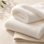Close view of the dense soft terry texture and folded edges of the white towels